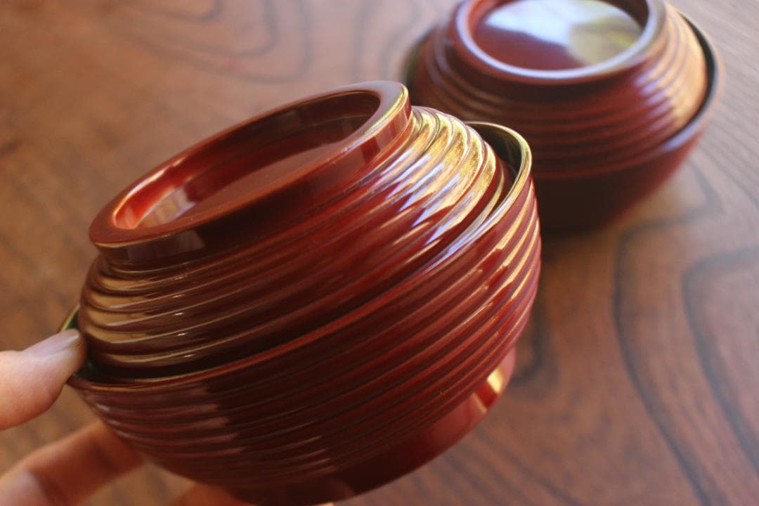 デッドストック！深みある糸目紅溜塗に極上稲穂福来雀蒔絵のお椀2点（検輪島塗雑煮椀