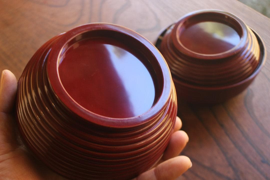 デッドストック！深みある糸目紅溜塗に極上稲穂福来雀蒔絵のお椀2点（検輪島塗雑煮椀