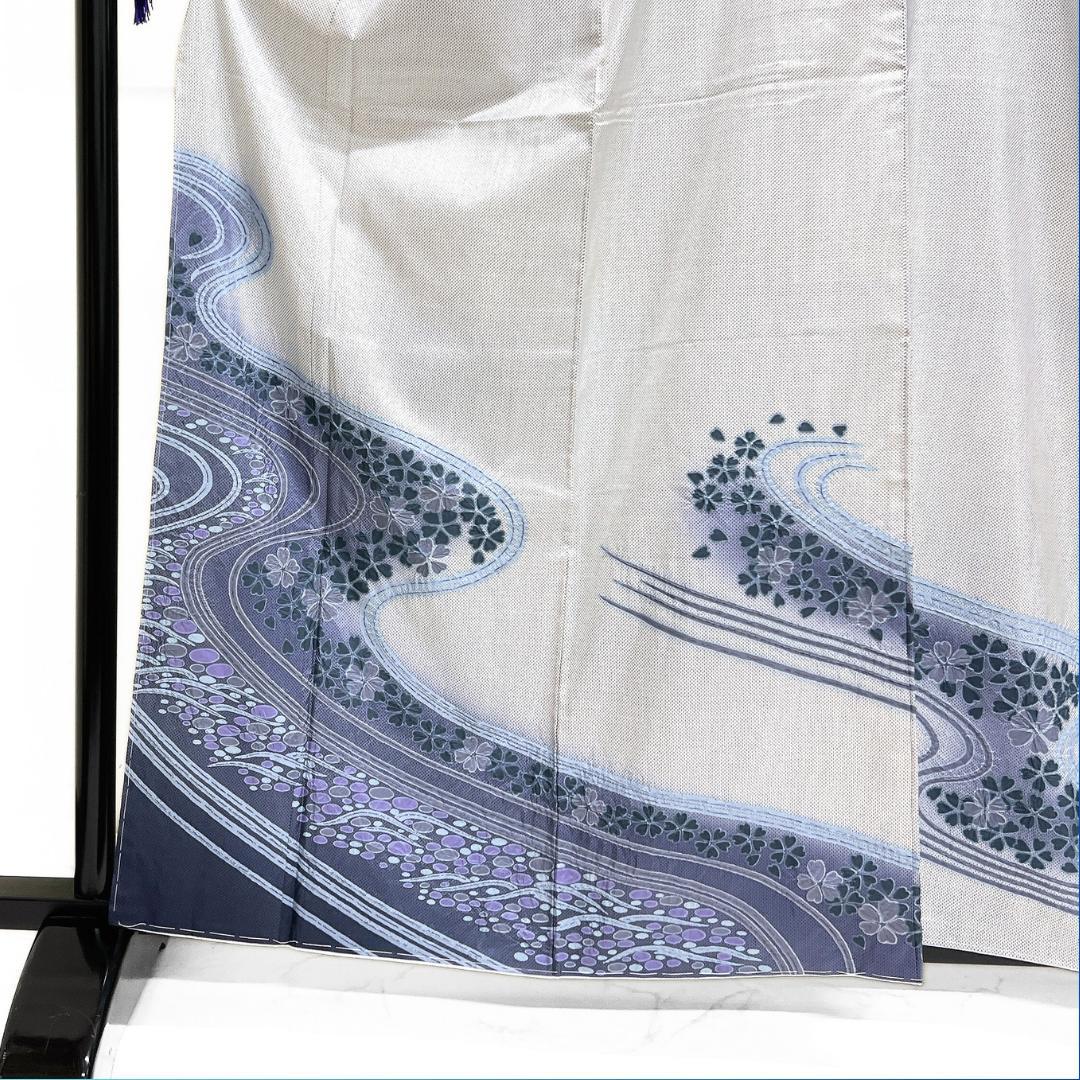 訪問着　白大島紬　藍染　絞り　流水　桜　水玉　着物　115b d ms