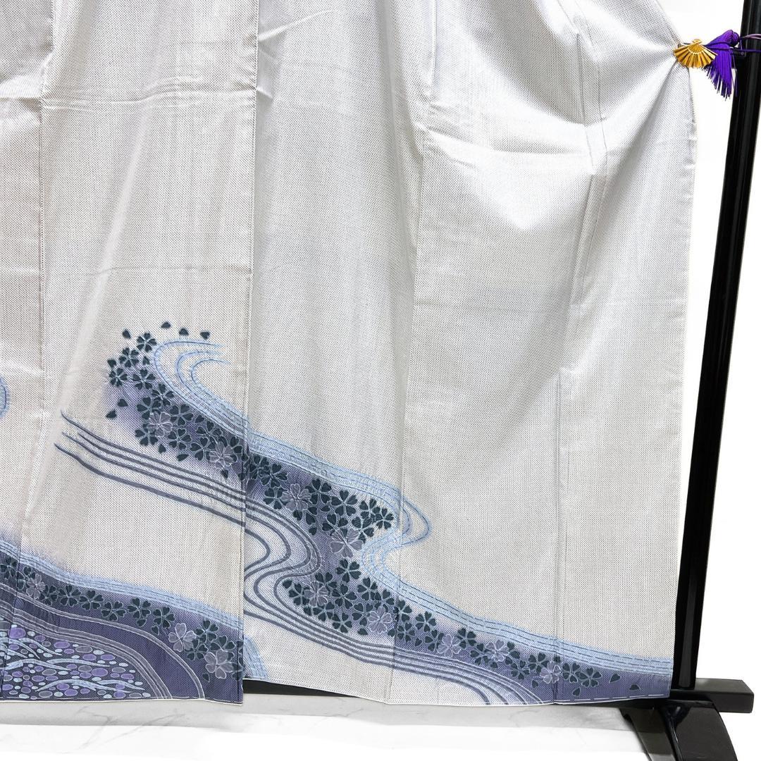 訪問着　白大島紬　藍染　絞り　流水　桜　水玉　着物　115b d ms