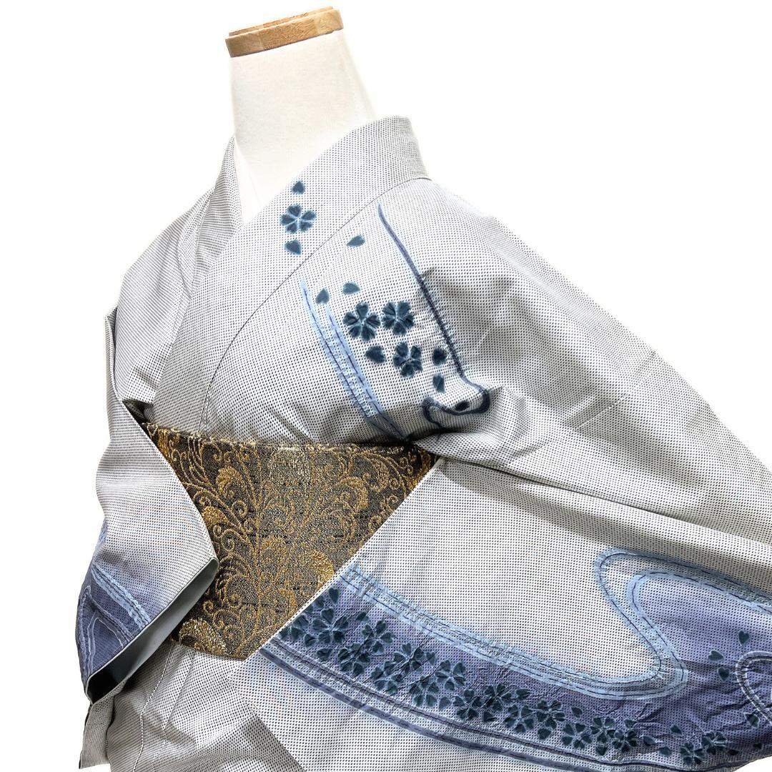 訪問着　白大島紬　藍染　絞り　流水　桜　水玉　着物　115b d ms