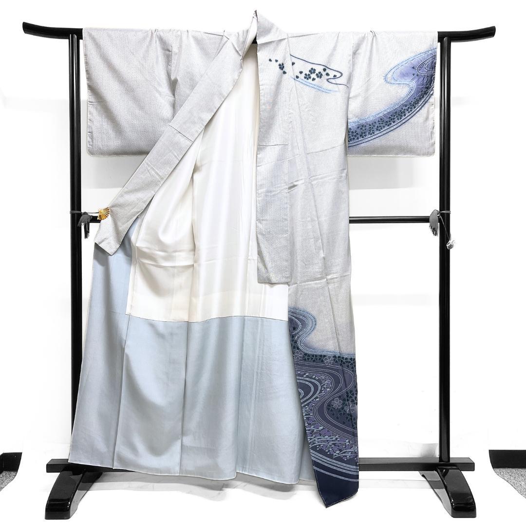 訪問着　白大島紬　藍染　絞り　流水　桜　水玉　着物　115b d ms