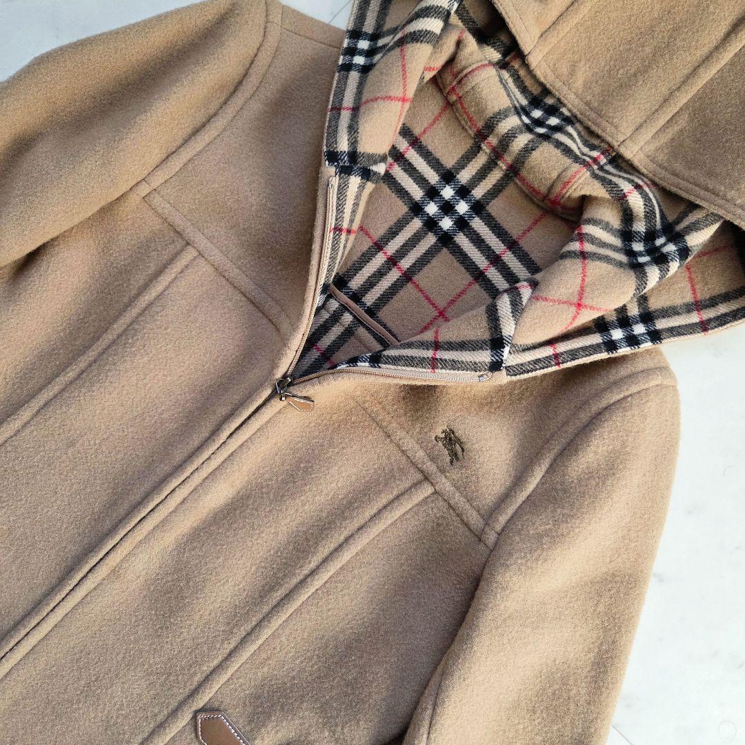 BURBERRYノバチェック　ホースロゴ刺繍　フーデットコート　レザー　ウール