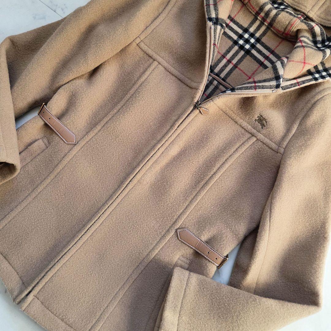 BURBERRYノバチェック　ホースロゴ刺繍　フーデットコート　レザー　ウール