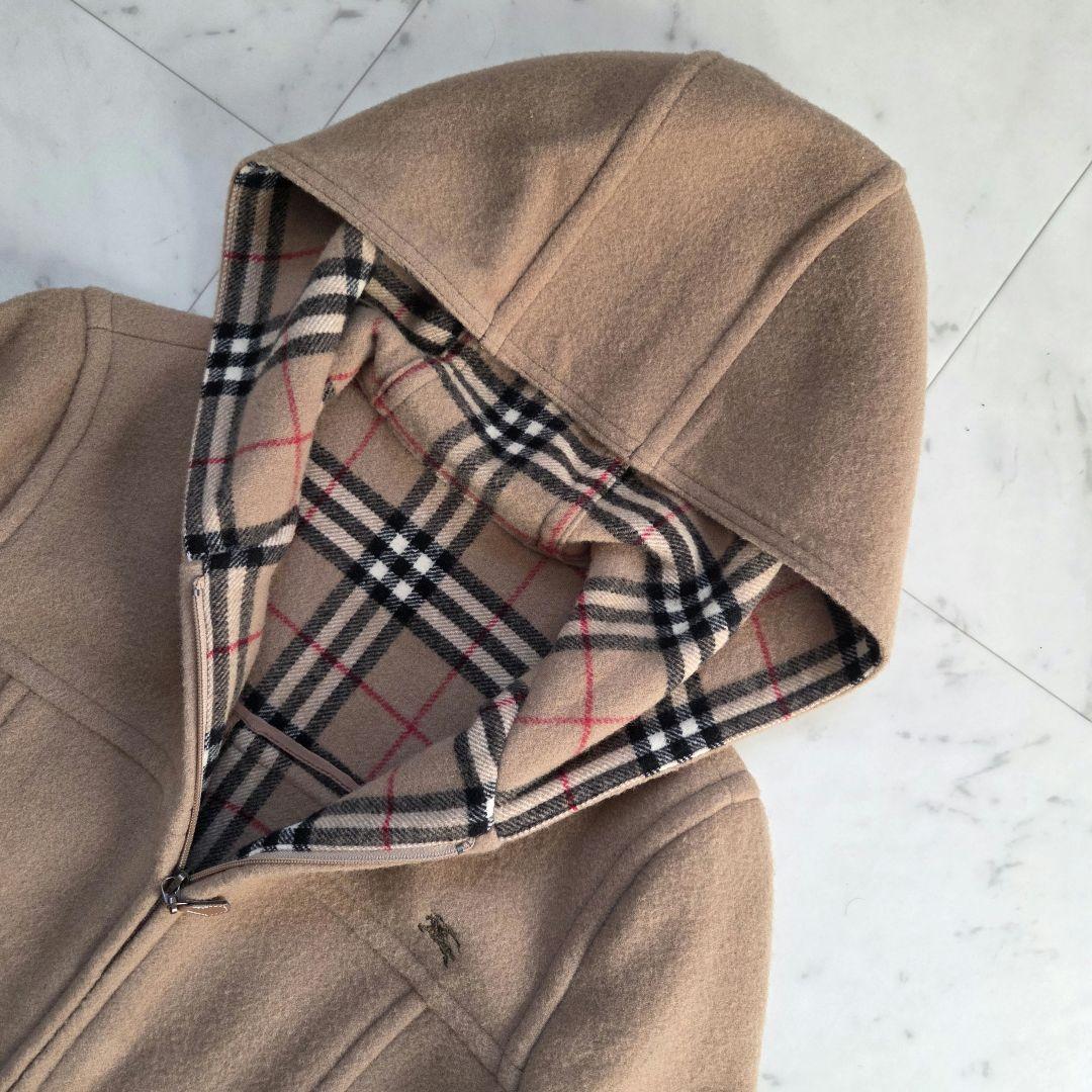BURBERRYノバチェック　ホースロゴ刺繍　フーデットコート　レザー　ウール