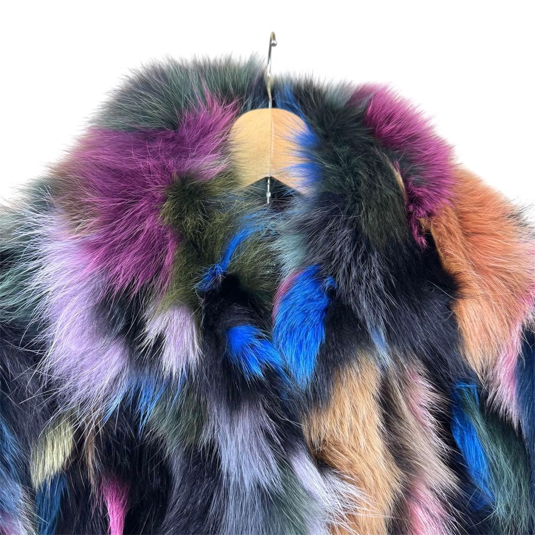 マルチカラー 染め フォックス ファーコート リアルファー 本毛皮 着丈 56