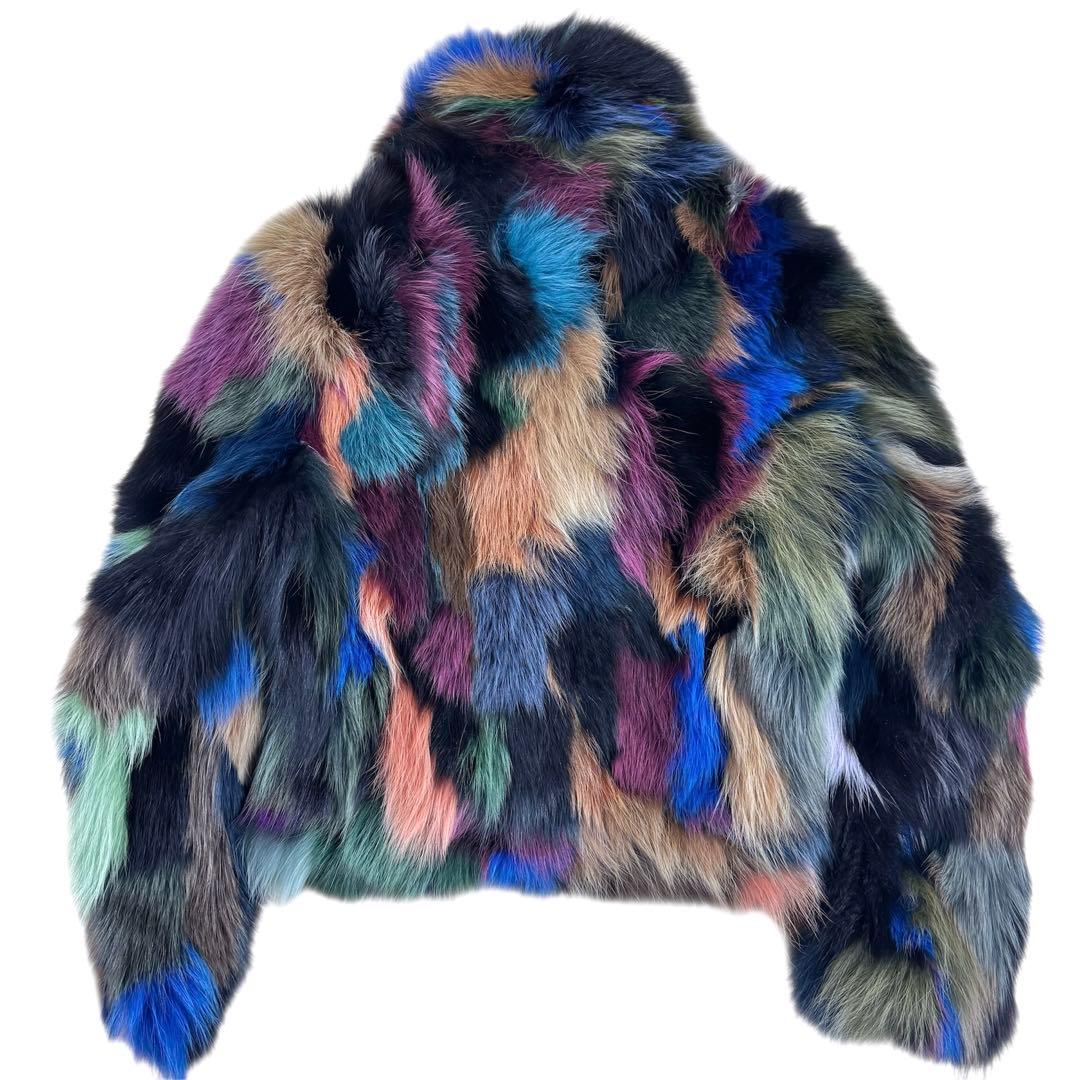マルチカラー 染め フォックス ファーコート リアルファー 本毛皮 着丈 56