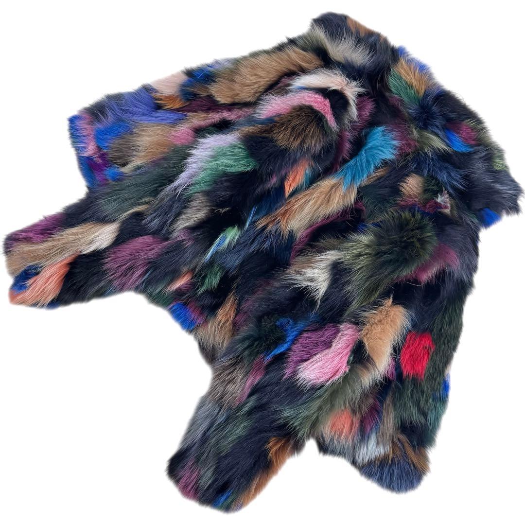 マルチカラー 染め フォックス ファーコート リアルファー 本毛皮 着丈 56