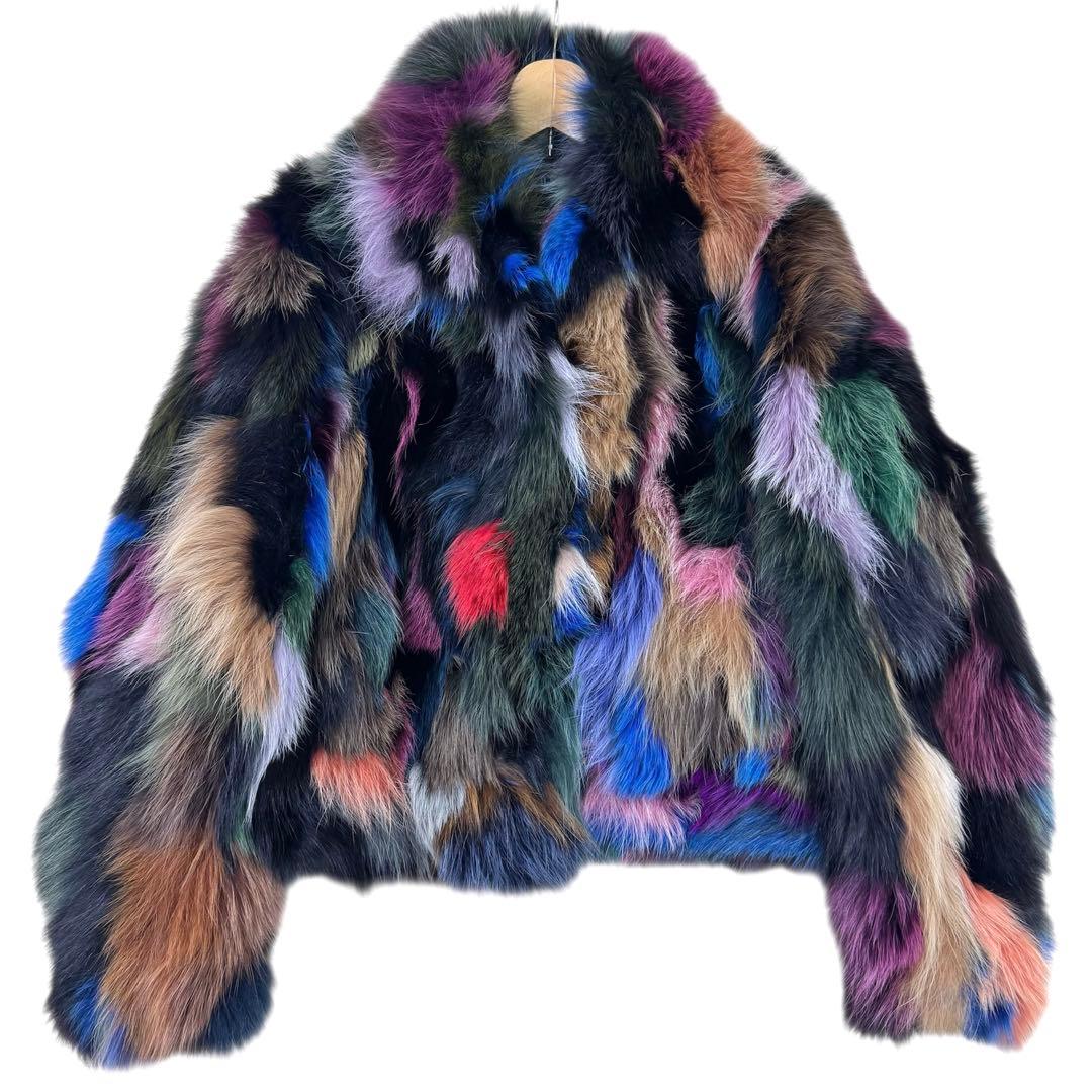 マルチカラー 染め フォックス ファーコート リアルファー 本毛皮 着丈 56