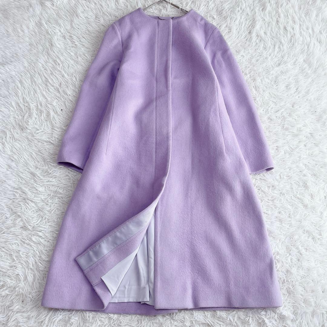 美品 セルフォード バックタック カシミヤ混ノーカラーコート ロング