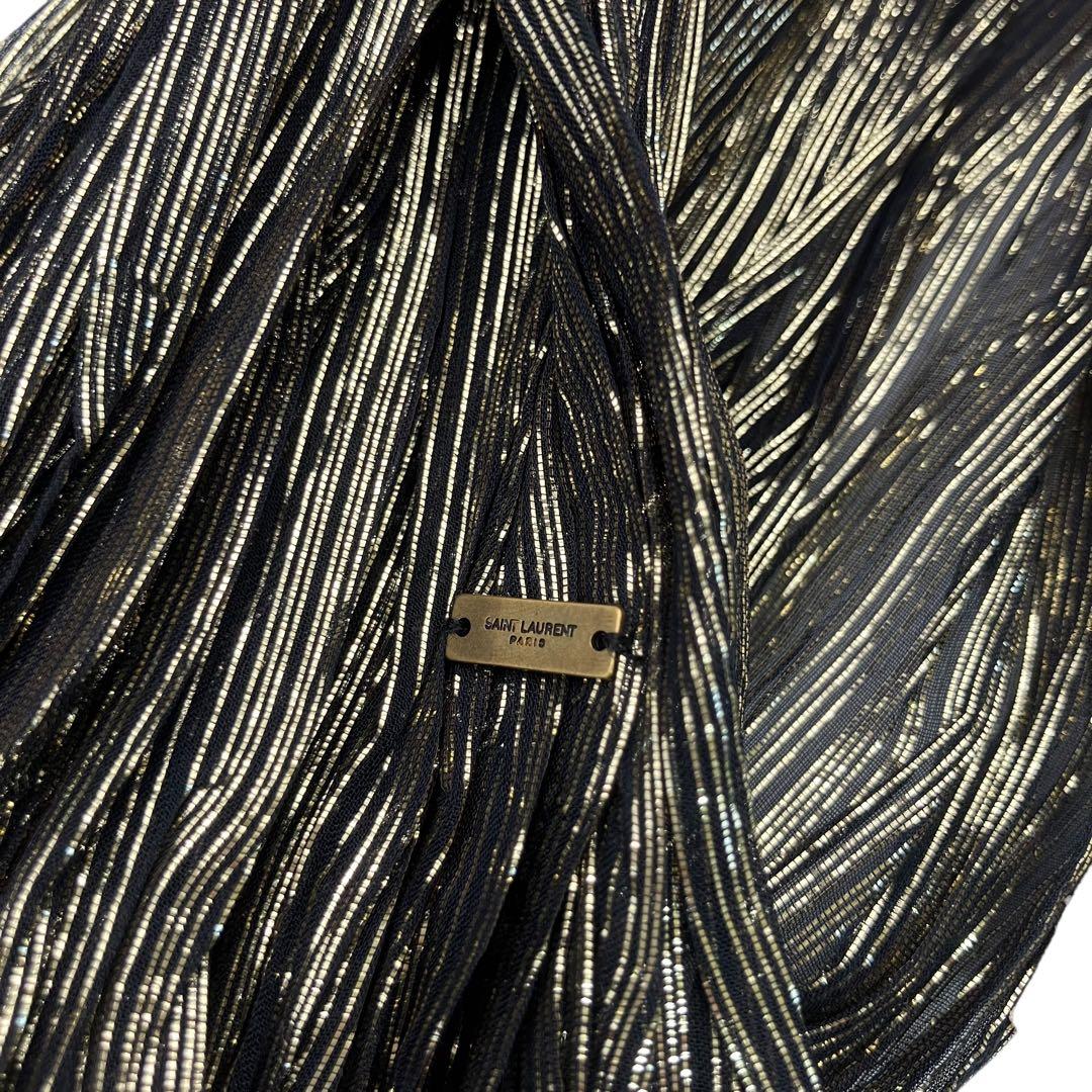 新品 SAINT LAURENT プリーツ スカーフストール ブラック ゴールド