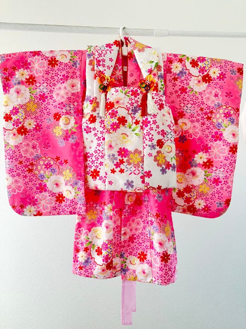七五三 着物セット フルセット 白 ピンク 花柄 女の子 3歳 7点セット