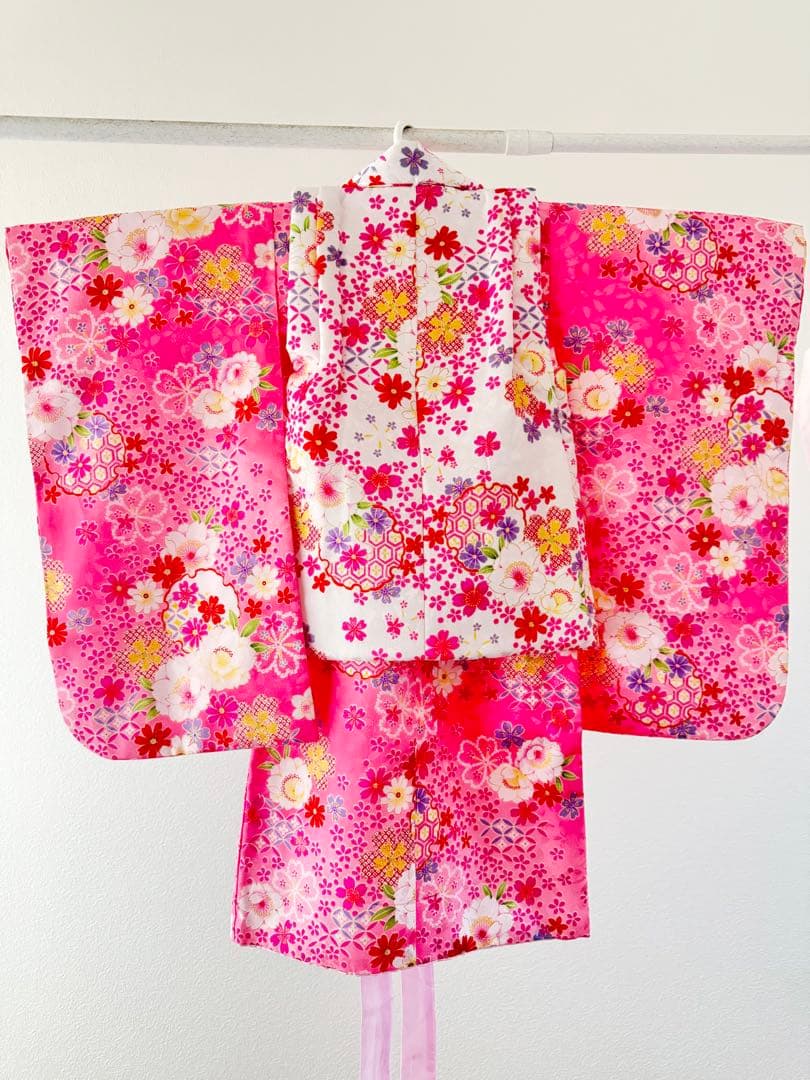 七五三 着物セット フルセット 白 ピンク 花柄 女の子 3歳 7点セット