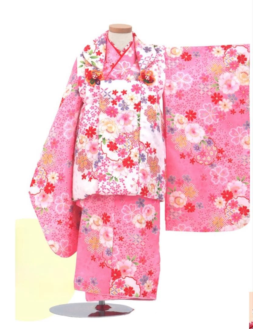 七五三 着物セット フルセット 白 ピンク 花柄 女の子 3歳 7点セット