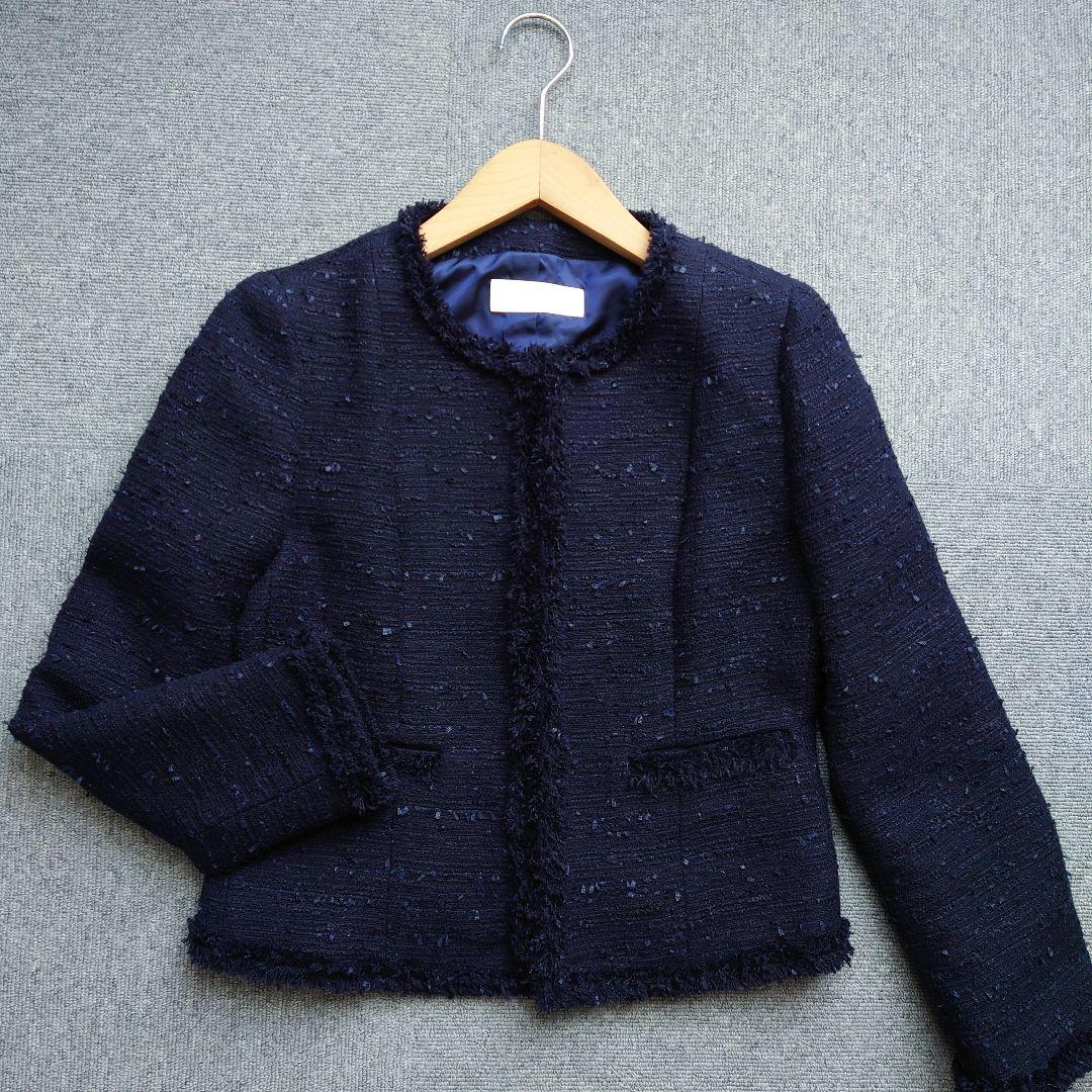 美品　ボールジィ　トゥモローランド　ツイードノーカラージャケット　ネイビー　38