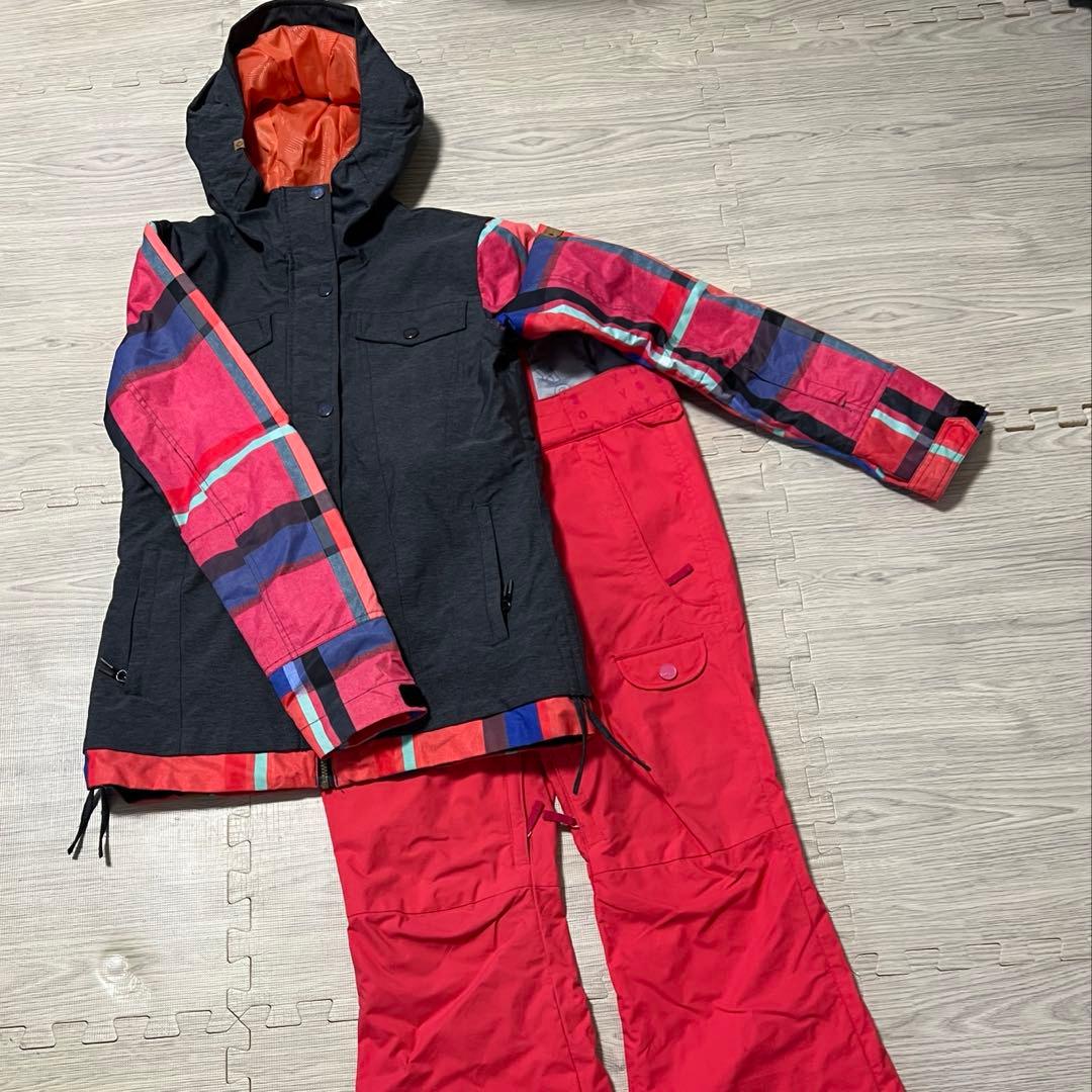 ROXY スノーボードウェア 女性用　上下セット　ピンク　チェック　グレー