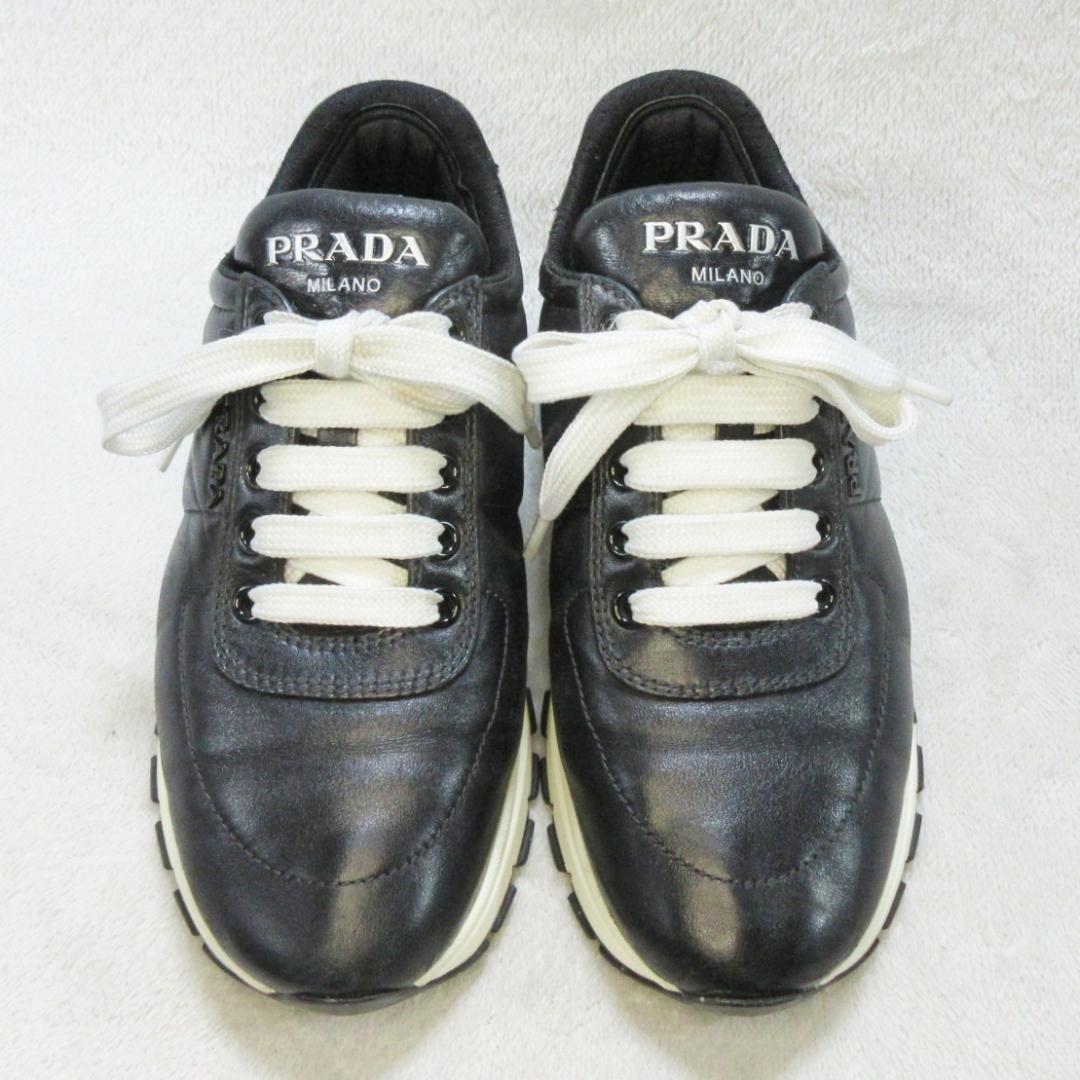 ✨ロゴ満載✨PRADA オールレザースニーカー 黒 EU35 22cm相当