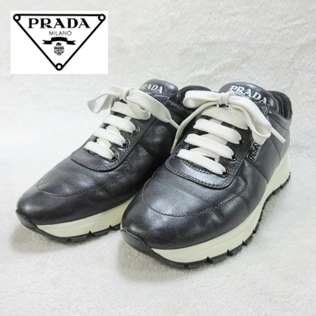 ✨ロゴ満載✨PRADA オールレザースニーカー 黒 EU35 22cm相当