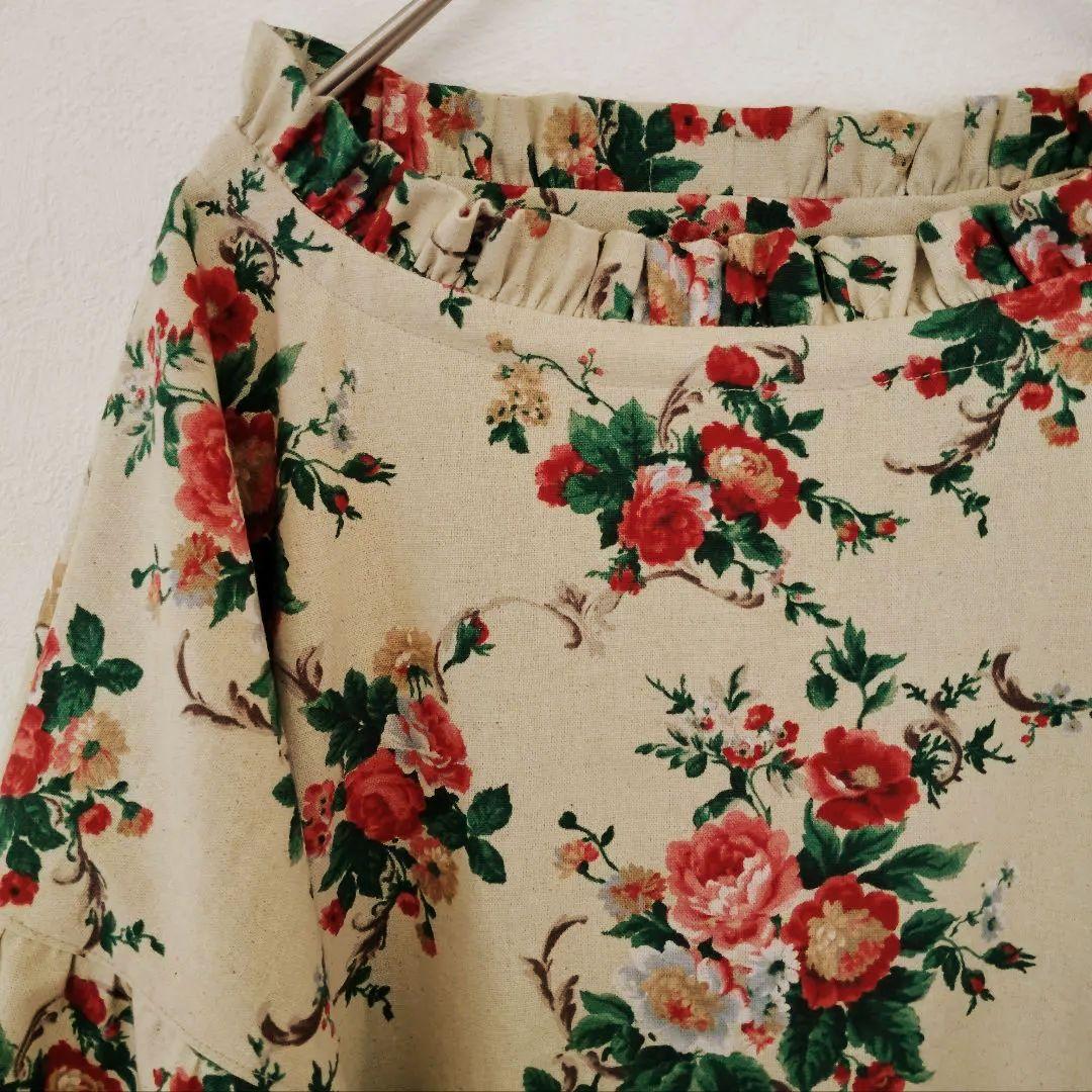 handmade綿麻ワンピースfreeYUWA花柄 長袖