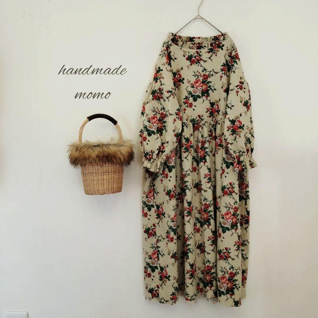 handmade綿麻ワンピースfreeYUWA花柄 長袖