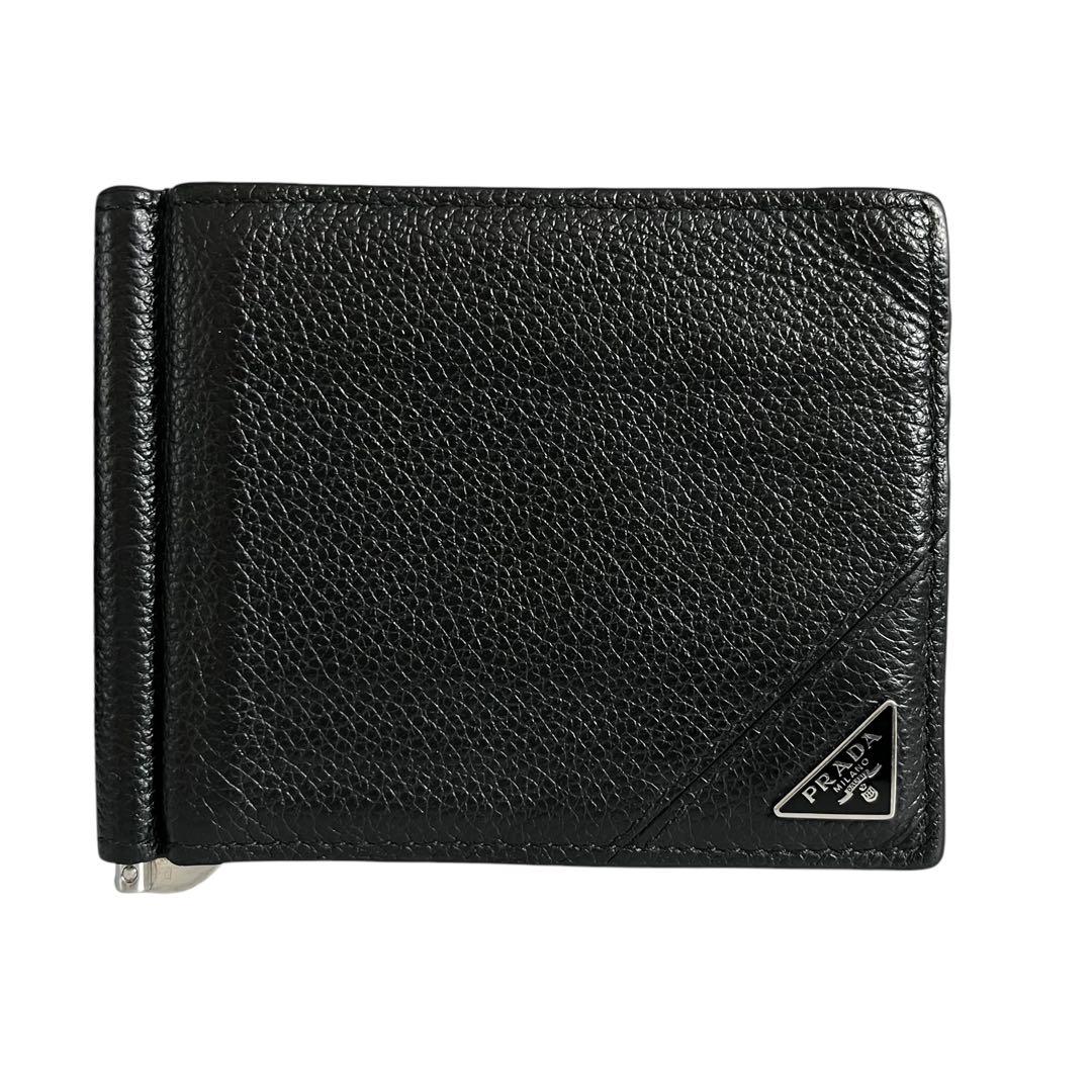 希少✨プラダ マネークリップ 札入れ シボ革 三角ロゴ レザー ブラック メンズ