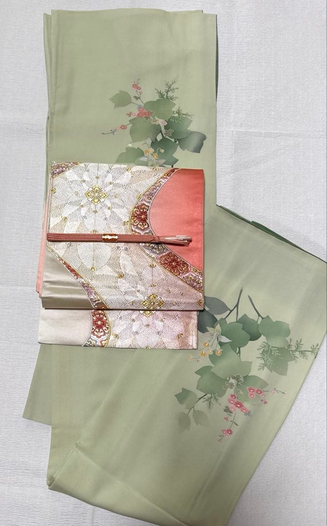 h*o様 付け下げ訪問着 花柄 グリーン パールトーン加工 卒入学お付添 帯、帯