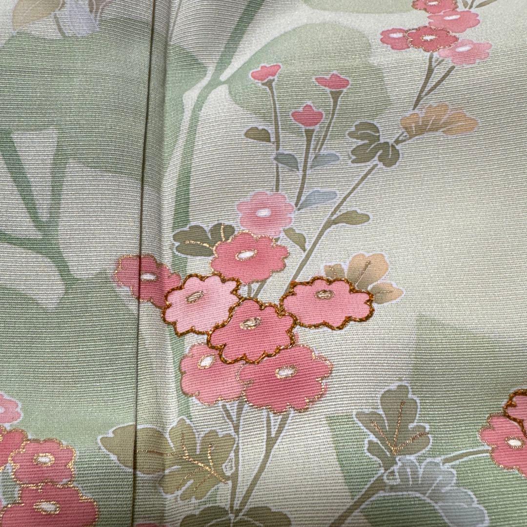 h*o様 付け下げ訪問着 花柄 グリーン パールトーン加工 卒入学お付添 帯、帯