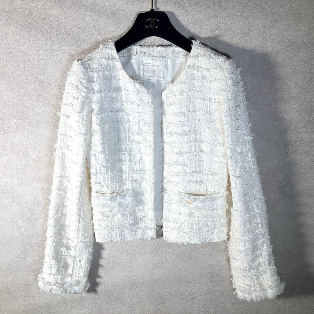 フォクシー ツイードジャケット ノーカラー ホワイト 入学式 卒業式 38