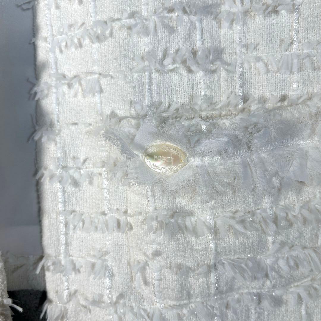 フォクシー ツイードジャケット ノーカラー ホワイト 入学式 卒業式 38