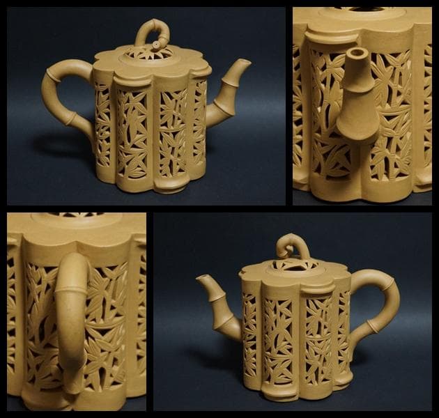 茶道具  名工範澤春 製 『竹彫鏤空』 朱泥急須 透かし彫り 紫砂壺 煎茶道具