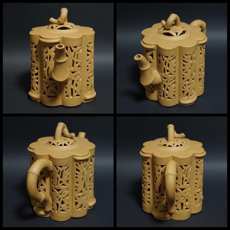 茶道具  名工範澤春 製 『竹彫鏤空』 朱泥急須 透かし彫り 紫砂壺 煎茶道具