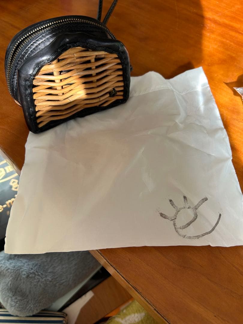 籐とレザーのかごバッグ小物入れ