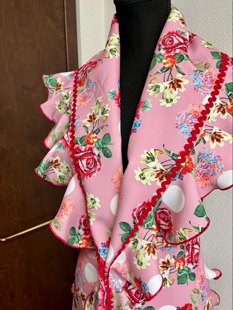 フラメンコ エプロンセット ロング丈 ピンク花柄白ドット
