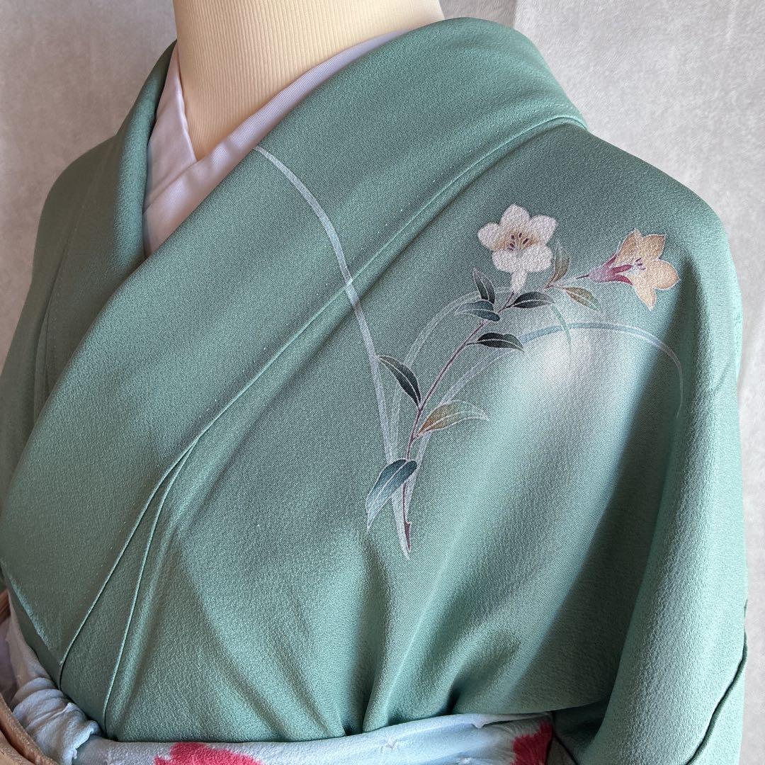 〈長襦袢➕〉訪問着　フルセット　着物　友禅　正絹　ピーコックブルー　凛　J1