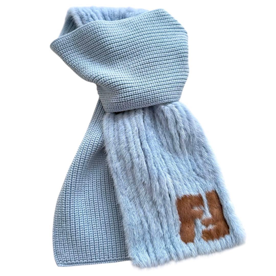 FENDI フェンディ ミンクファー ストール マフラー ウール ライトブルー