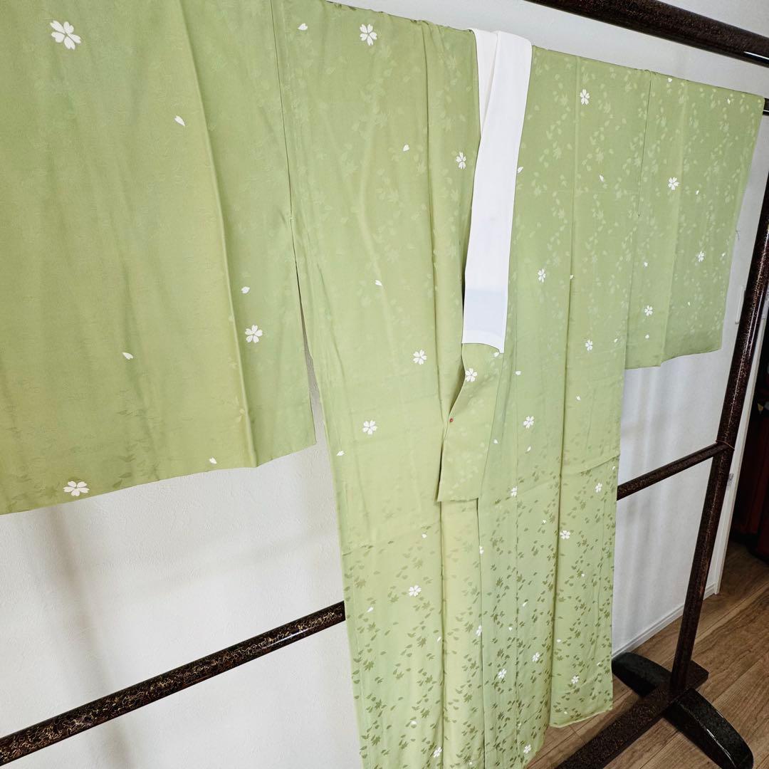 超美品　正絹　長襦袢　袖無双　現代　着物　和装　126裄65　黄緑　桜　ワイド