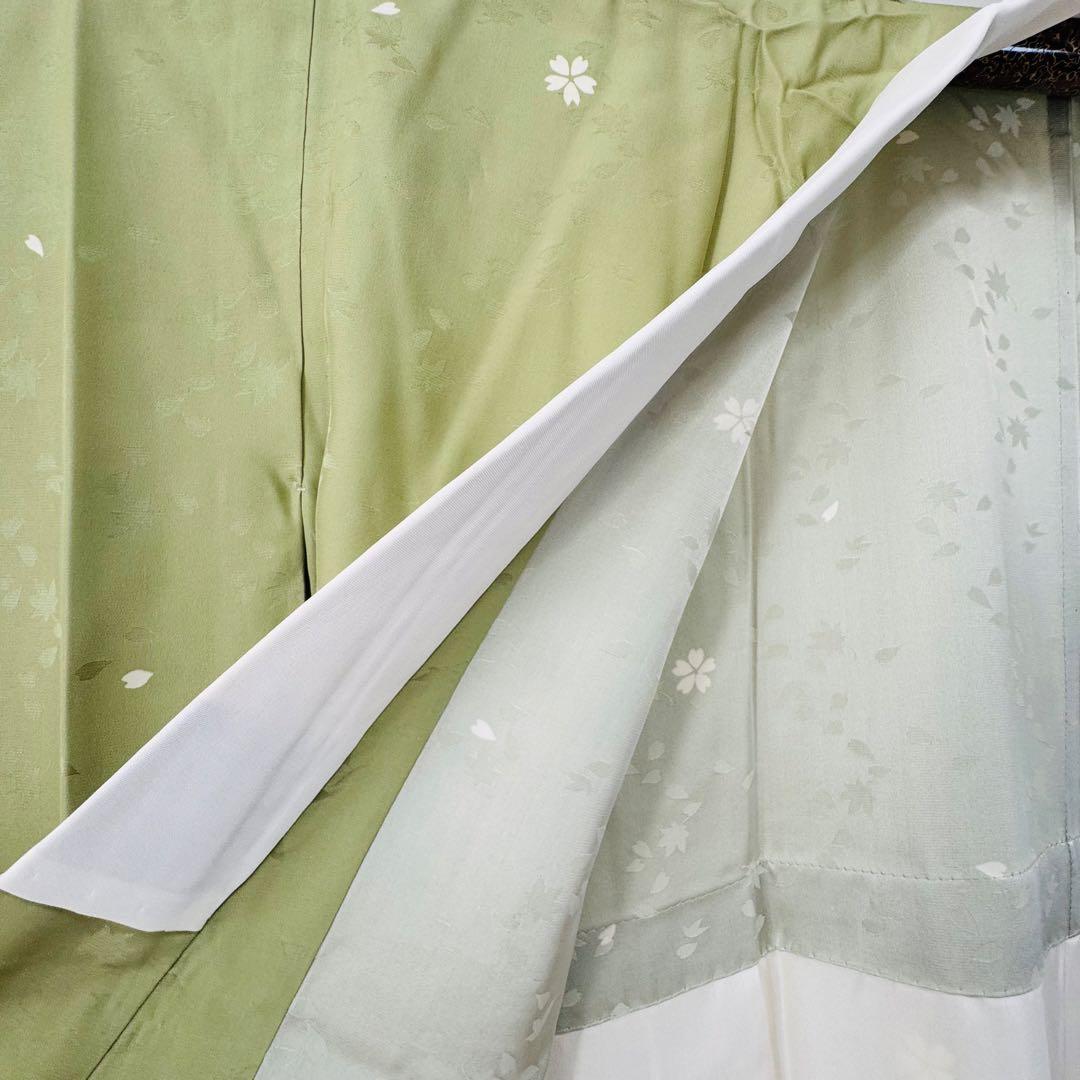 超美品　正絹　長襦袢　袖無双　現代　着物　和装　126裄65　黄緑　桜　ワイド