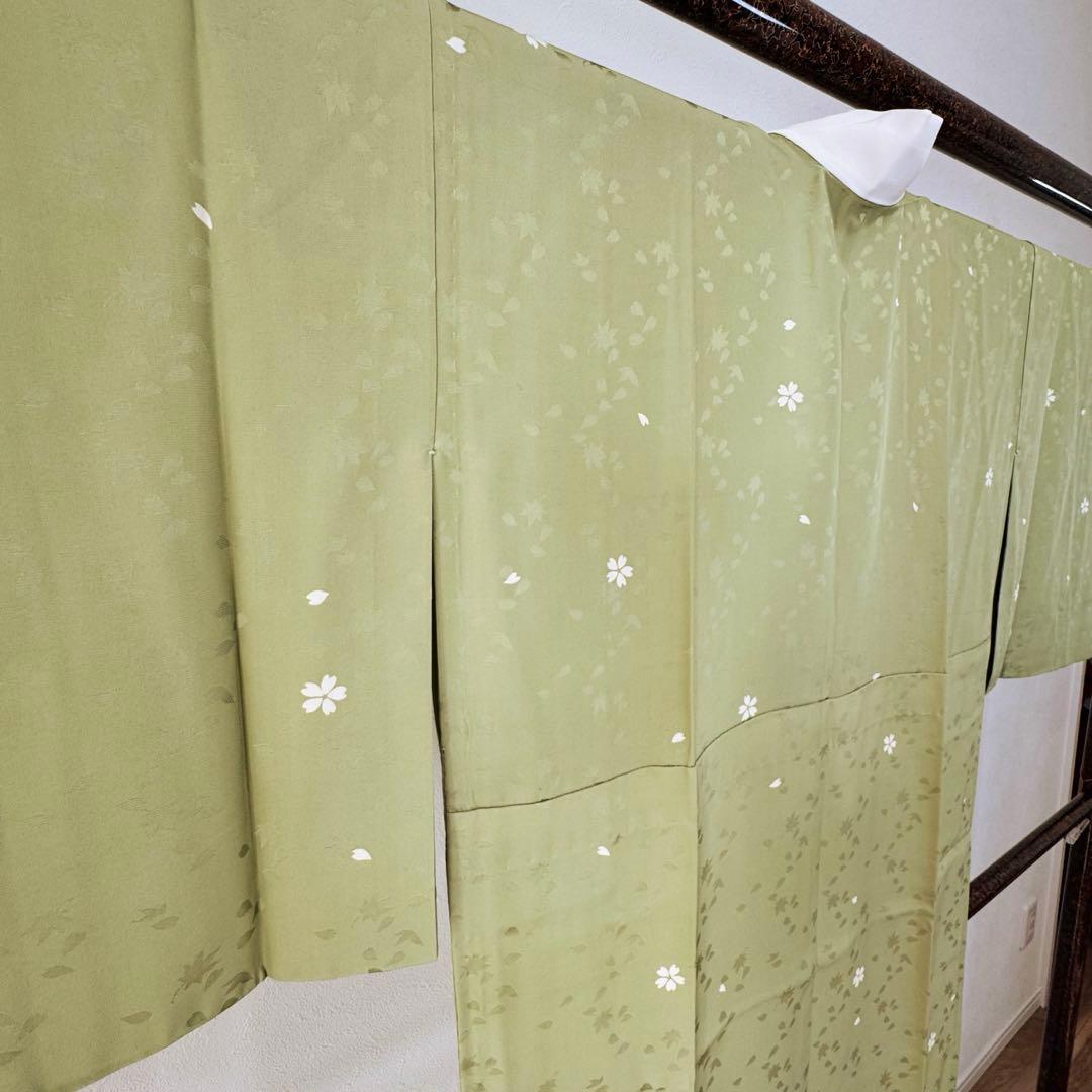 超美品　正絹　長襦袢　袖無双　現代　着物　和装　126裄65　黄緑　桜　ワイド