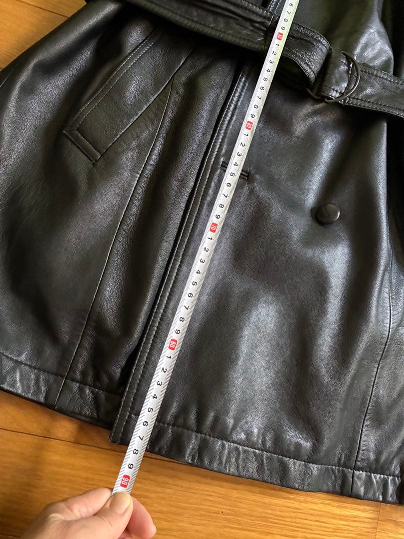 ブラックレザー トレンチコート ベルト付き　イタリア製羊皮トレンチコートM〜L