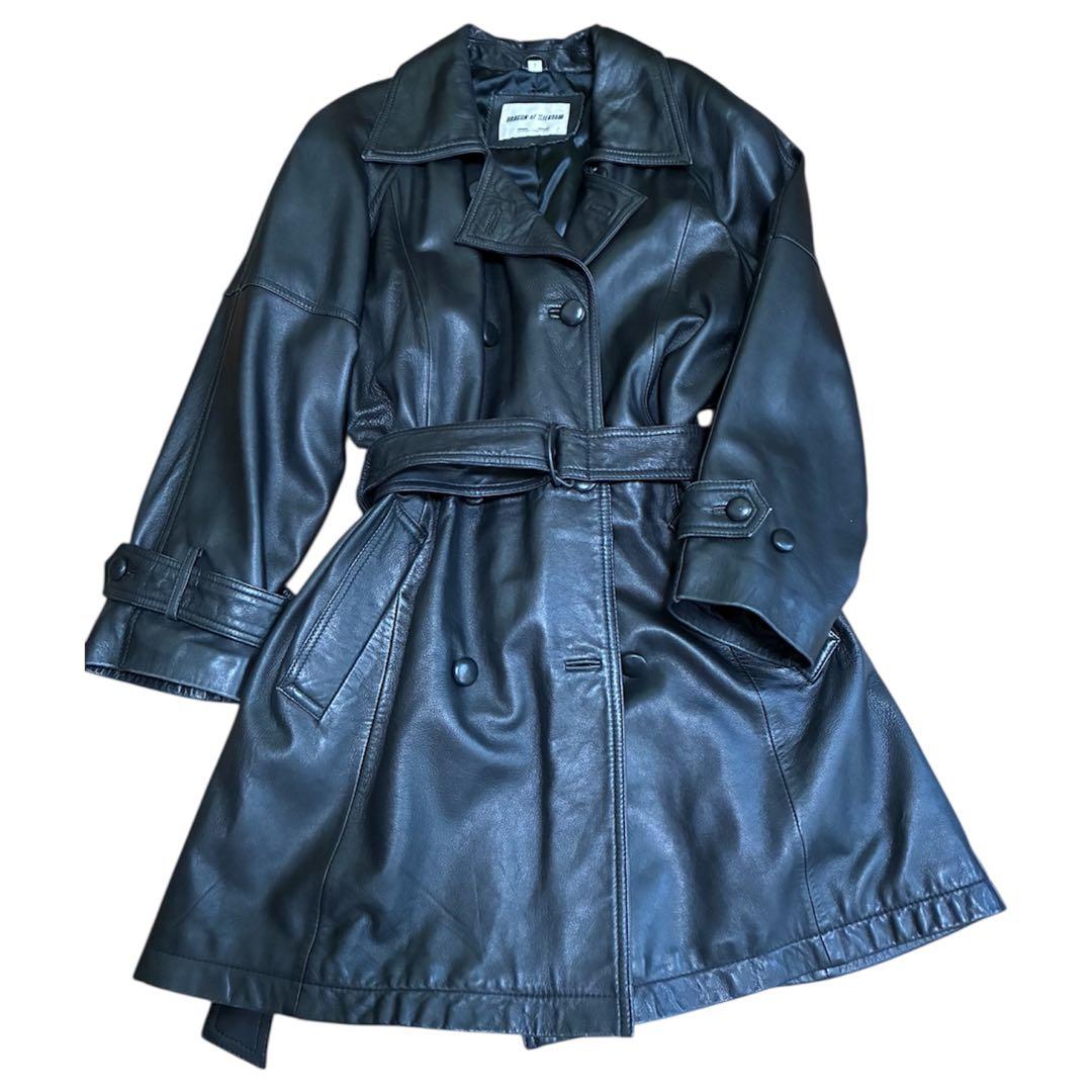 ブラックレザー トレンチコート ベルト付き　イタリア製羊皮トレンチコートM〜L