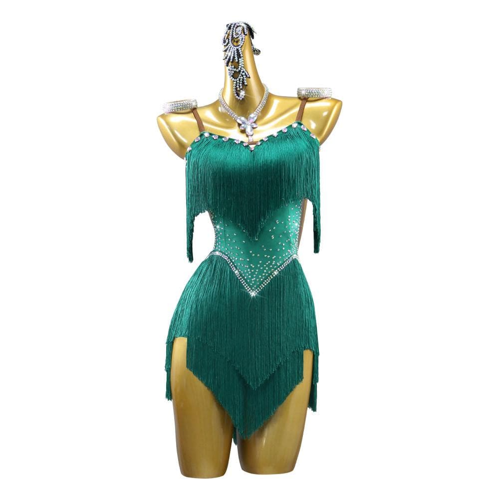 社交ダンス衣装ラテンドレスグリーンキラキラフリンジ競技会デモ