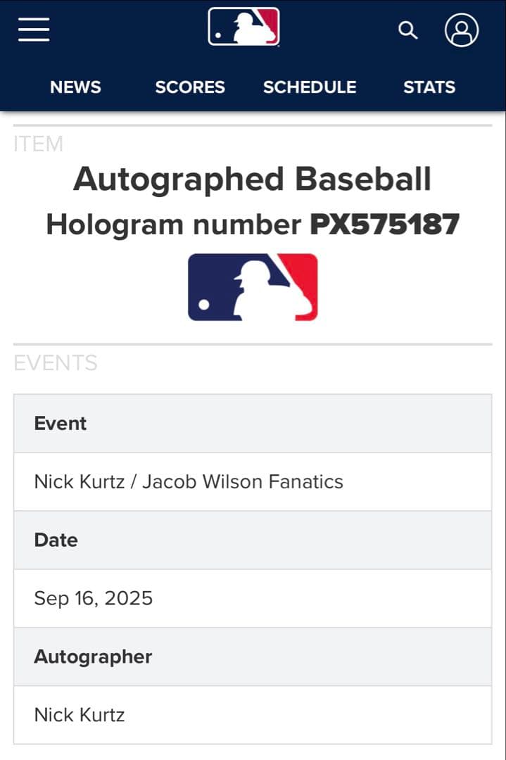 ニックカーツnick z MLB サイン入りボール Fanatics