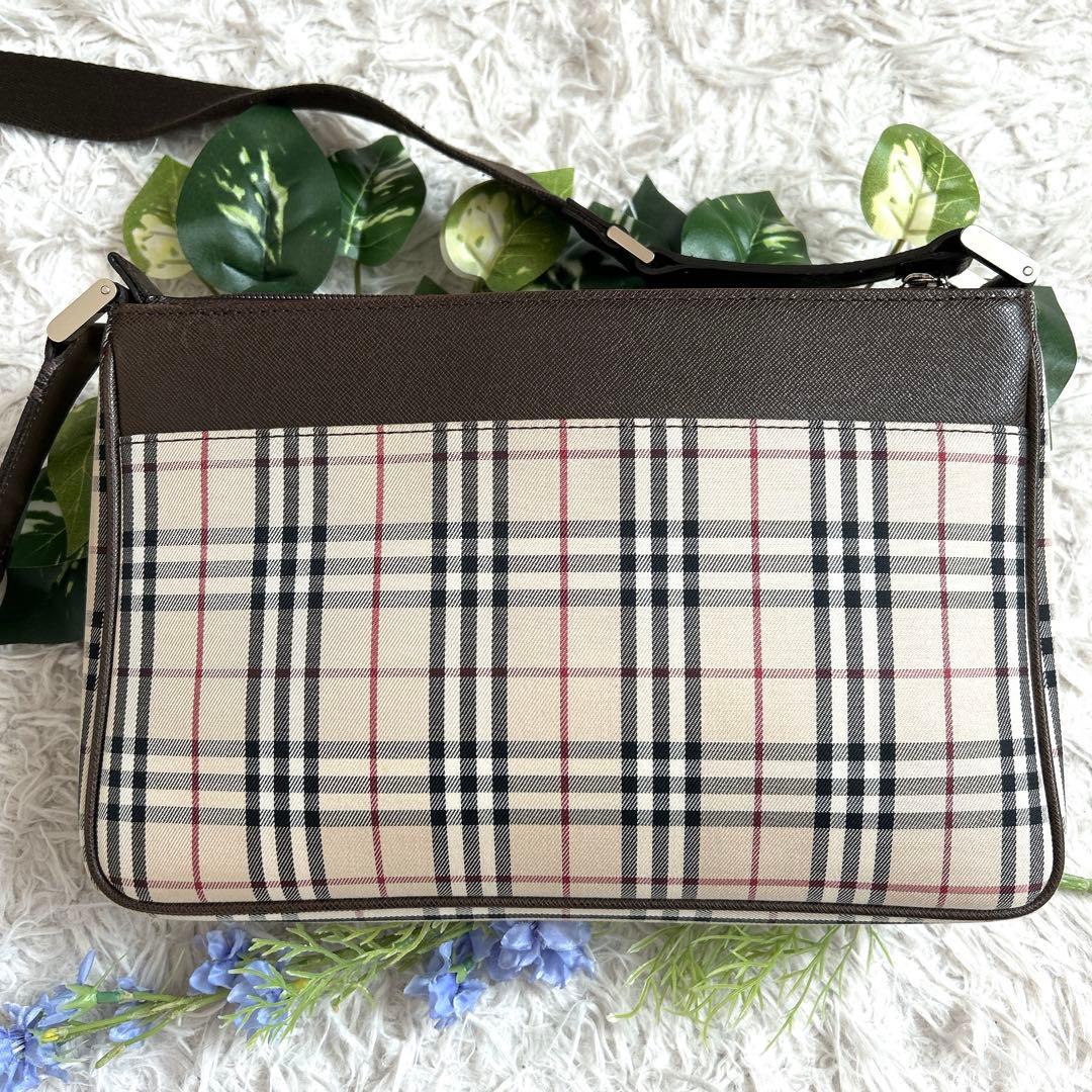 美品⁂バーバリー⁂ショルダーバッグ　キャンバスレザー　ノバチェック　ブラウン