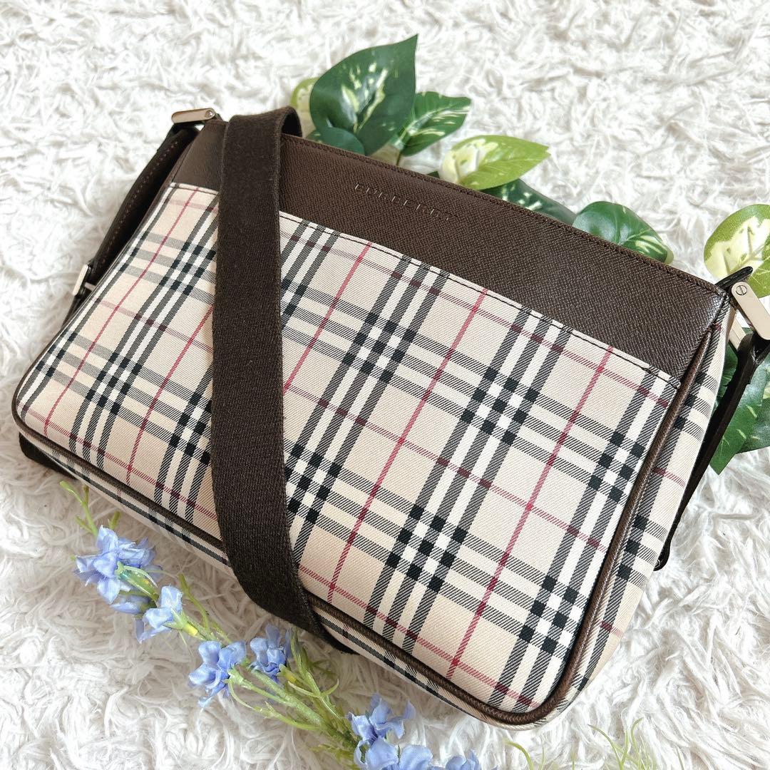 美品⁂バーバリー⁂ショルダーバッグ　キャンバスレザー　ノバチェック　ブラウン