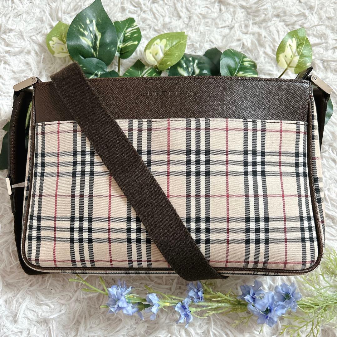 美品⁂バーバリー⁂ショルダーバッグ　キャンバスレザー　ノバチェック　ブラウン