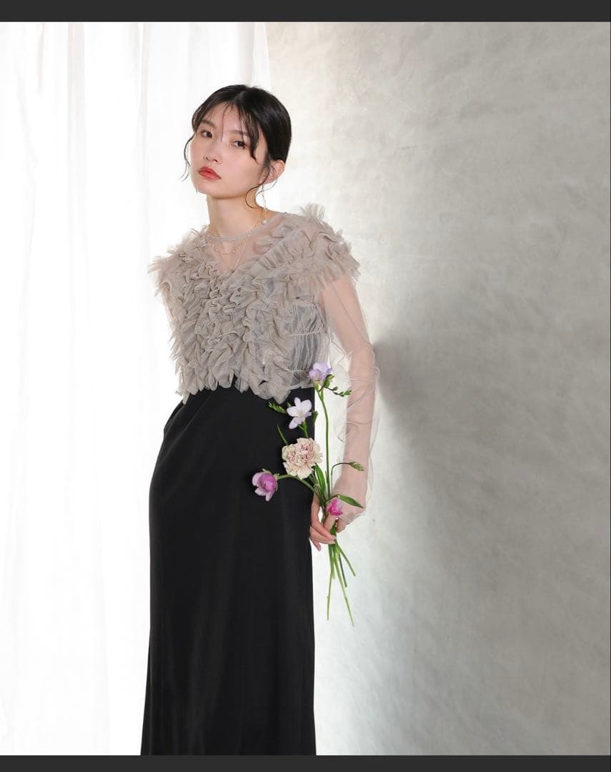 et.UNIVER Manyway frill dress ブラック✕ベージュ