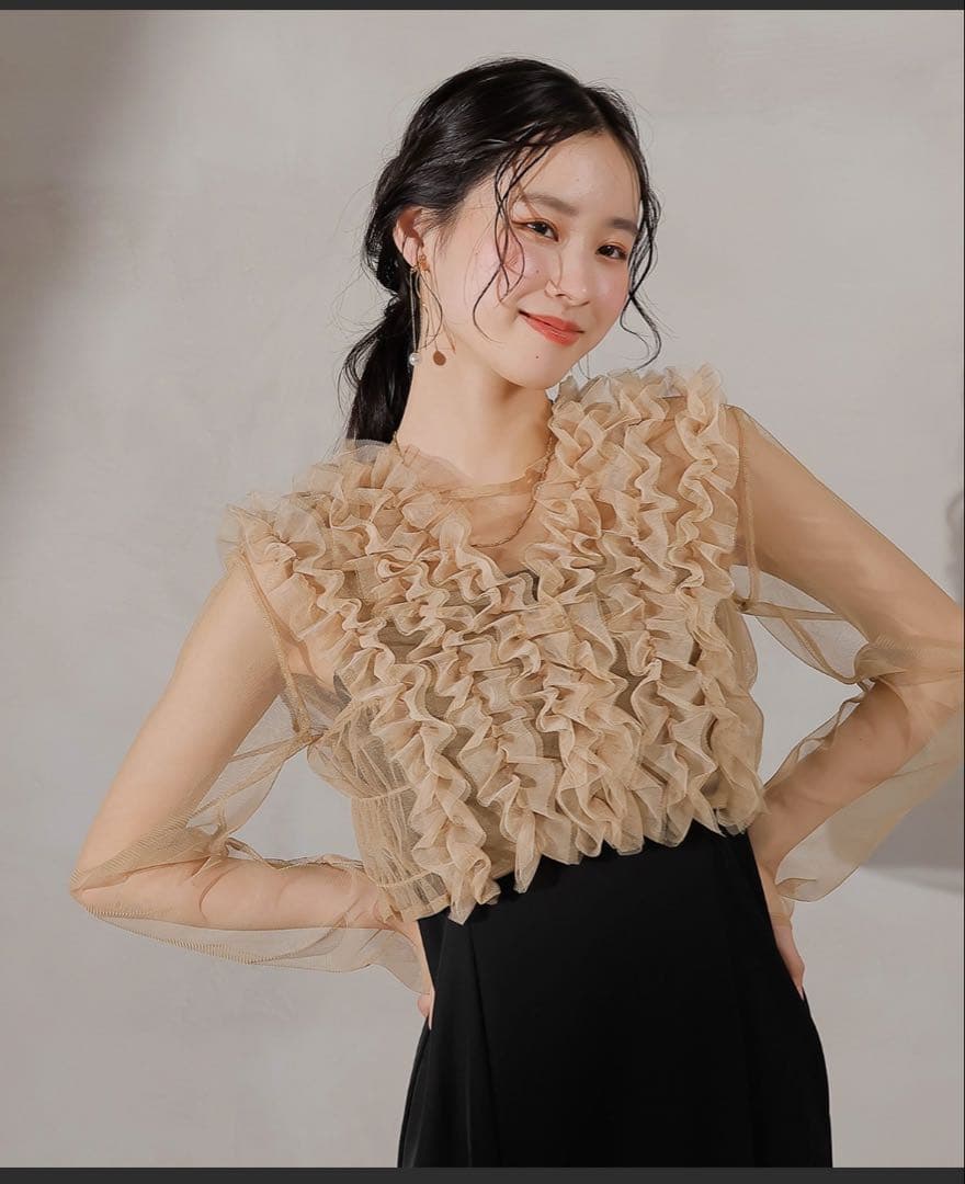 et.UNIVER Manyway frill dress ブラック✕ベージュ