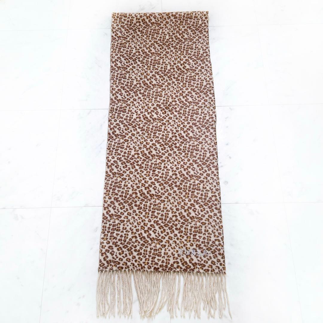 美品 FURLA フルラ カシミヤ レオパード マフラー ラインストーンロゴ入り