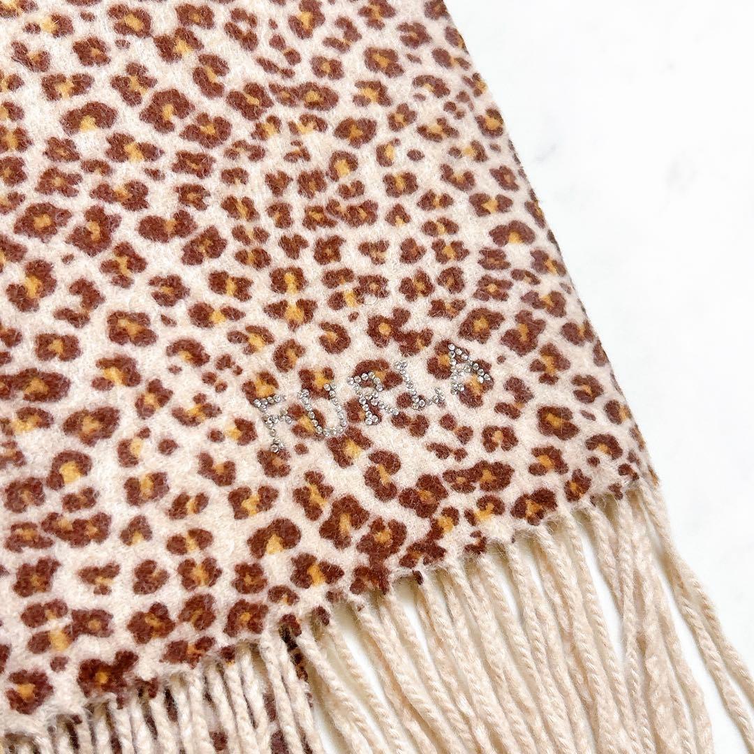 美品 FURLA フルラ カシミヤ レオパード マフラー ラインストーンロゴ入り