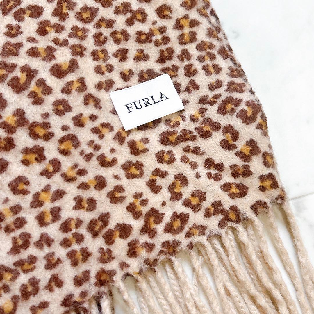 美品 FURLA フルラ カシミヤ レオパード マフラー ラインストーンロゴ入り